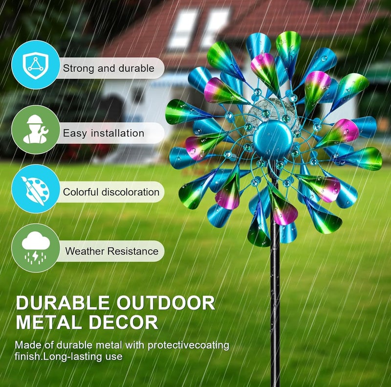 MXwcy 60'' Wind Spinner with Color Glass Ball Solar Lights, Green Peacock Feathers Metal Garden Outdoor Decor Yard Lawn Art Decor for Patio Kinetic Windmills Unique Gifts for Friends and Family - Image 3